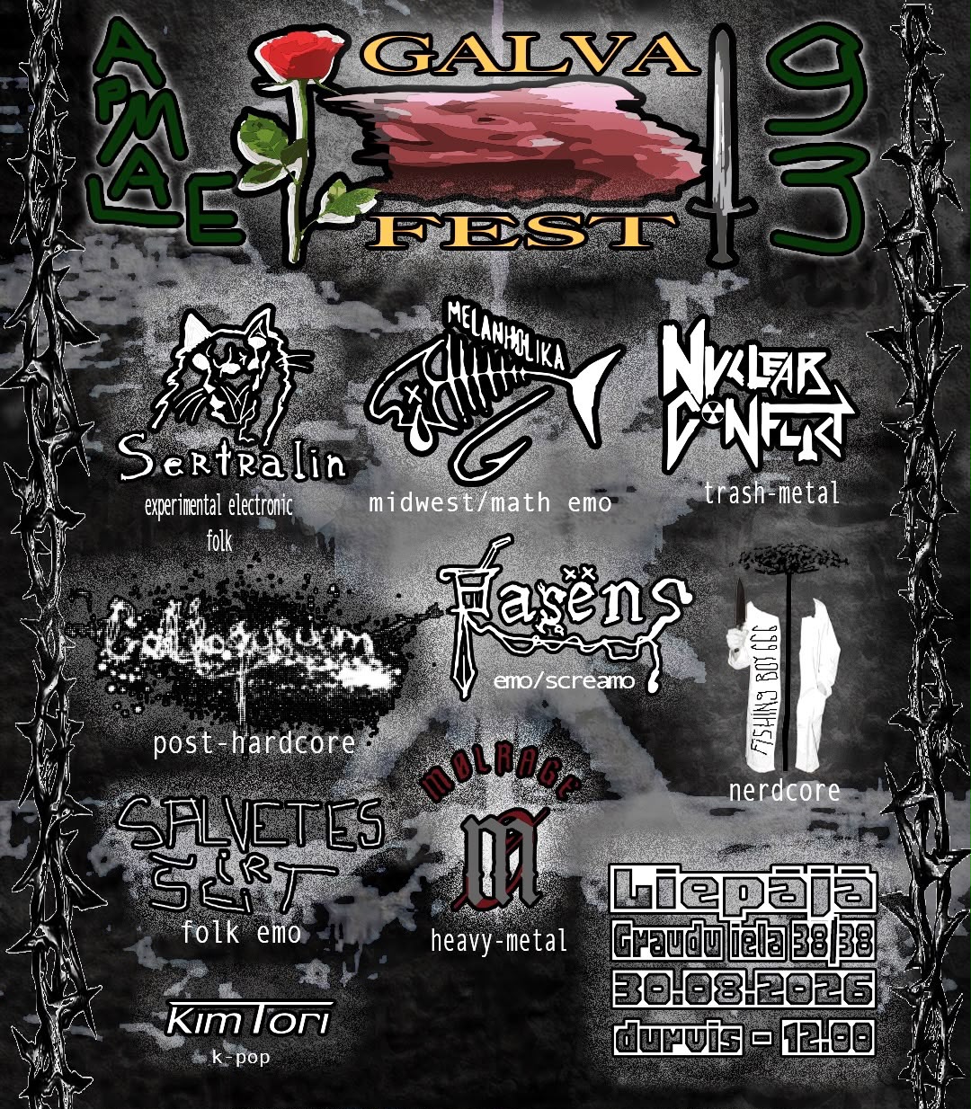 GALVA FEST youth music festival poster — nine bands, Kultūras nams «Wiktorija», Liepāja, 30 Aug 2026