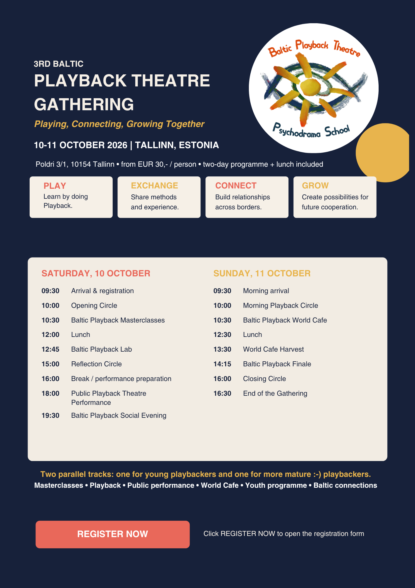 Poster for the 3rd Baltic Playback Theatre and Psychodrama School forum, 10–11 October 2026 in Tallinn, Estonia, with the two-day programme and Register Now button.